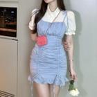 Puff-sleeve Shirt / Drawstring Overall Dress