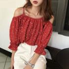 Elbow-sleeve Heart Print Chiffon Top