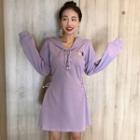 Embroidered Lace-up Hoodie Dress Purple - One Size
