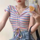 Striped Drawstring Short-sleeve T-shirt Stripes - Multicolor - One Size