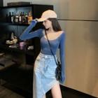 Long-sleeve T-shirt With Camisole Top / Asymmetric Denim Straight-fit Skirt