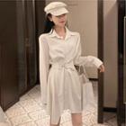 Long-sleeve Plain Tie-waist Shirt Dress