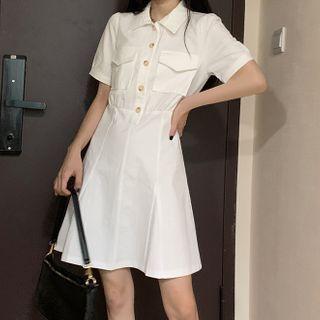 Pocket Detail Short-sleeve Collared A-line Dress