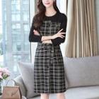 3/4-sleeve Plaid Tie-front Knit Dress