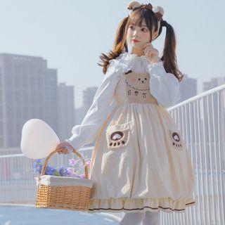 Bear Embroidered Overall Dress / Bear Ear Headband / Set