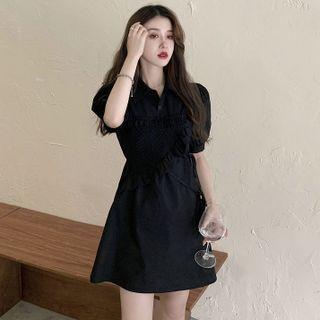 Puff-sleeve Plain Lace-up Shirt Dress