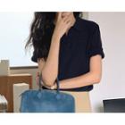 [dearest] Elbow-sleeve Knit Polo Shirt Navy Blue - One Size