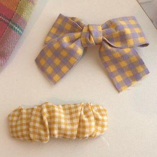 Set Of 2: Plaid Fabric Hair Clip (assorted Designs) 1100a - Set Of 2 - Hair Clip - Purple & Yellow - One Size