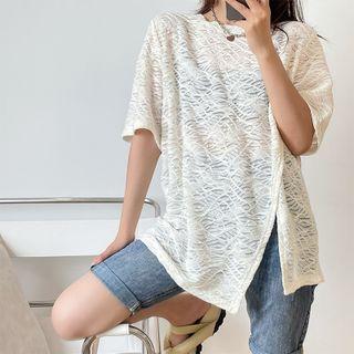 Short-sleeve Round-neck Side Slit Top
