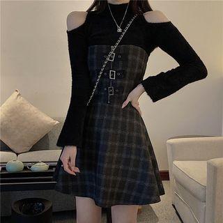 Long-sleeve Mock-neck Knit Top / Strapless Plaid A-line Dress