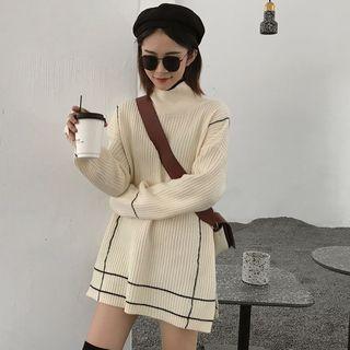 Turtleneck Contrast-trim Ribbed Sweater Milky White - One Size