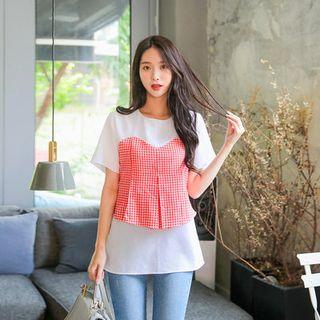 Short-sleeve Layered Check-panel Top