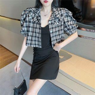 Puff-sleeve Plaid Cropped Shirt Jacket / Spaghetti Strap Mini Bodycon Dress