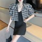 Puff-sleeve Plaid Cropped Shirt Jacket / Spaghetti Strap Mini Bodycon Dress