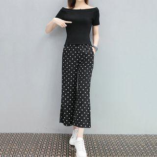 Set: Plain Short Sleeve T-shirt + Dotted Cropped Boot Cut Pants