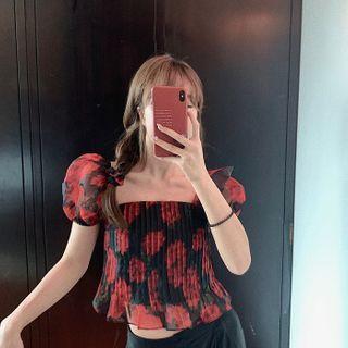 Rose Printed Puff-sleeve Top As Figure - One Size