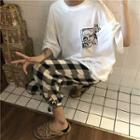 Printed Elbow-sleeve T-shirt / Plaid Cropped Pants