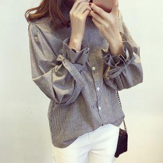 Frilled Trim Pin Striped Shirt