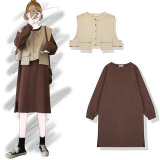 Pocket Detail Vest / Crew-neck Pullover Dress / Set