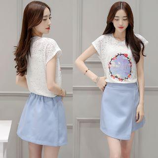 Set: Short-sleeve Printed Lace Top + A-line Skirt