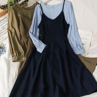 Set: Puff-sleeve Loose Top + Sleeveless Midi Dress