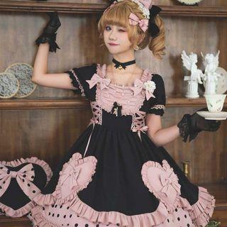 Short-sleeve Bow Accent A-line Dress / Heart Handbag