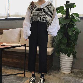 Plaid Knit Panel Long Sleeve Shirt As Shown In Figure - One Size