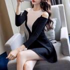 Color Block Cold-shoulder Mini A-line Knit Dress