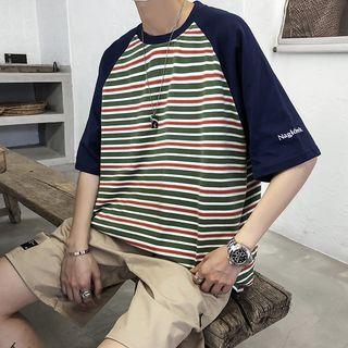Elbow-sleeve Raglan Striped T-shirt