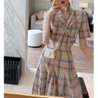 Set: Double Breasted Short-sleeve Plaid Top + Skirt