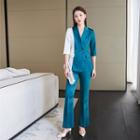 Set: Two-tone Double-breasted Blazer + Wide Leg Pants