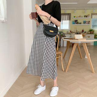 Band-waist Gingham Long Flare Skirt One Size