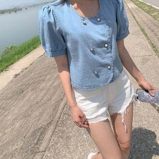 Puff-sleeve Double Breasted Denim Blouse