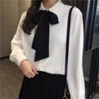 Long Sleeve Contrast Neck Bow Shirt White - One Size