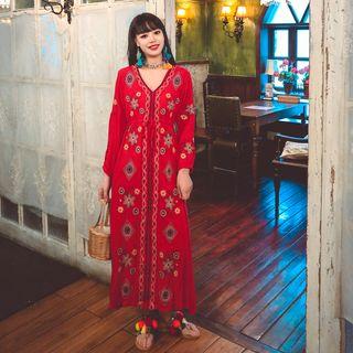 V-neck Embroidered Drawstring-waist Maxi A-line Dress