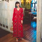 V-neck Embroidered Drawstring-waist Maxi A-line Dress