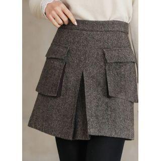 Flap-pocket Herringbone Miniskirt
