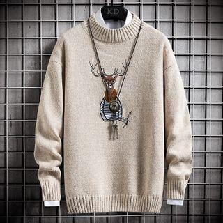 Mock-neck Deer Embroidery Sweater