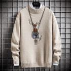 Mock-neck Deer Embroidery Sweater