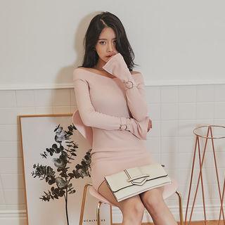 Off-shoulder Buckled-sleeve Mini Bodycon Dress