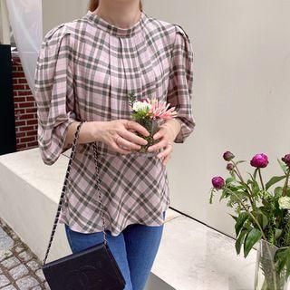 Pleated-shoulder Plaid Peplum Blouse