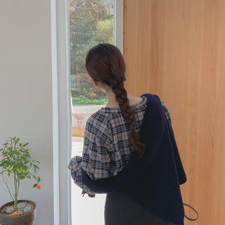 Button-down Plaid Blouse Navy Blue - One Size