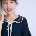 Short-sleeve Embroidery Tie-neck Top