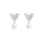 Sterling Silver Fashion And Elegant Butterfly Freshwater Pearl Stud Earrings With Cubic Zirconia Silver - One Size