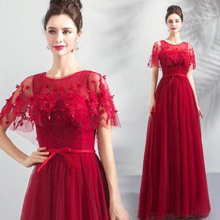Cape Bow-accent Crochet Evening Gown