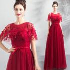 Cape Bow-accent Crochet Evening Gown