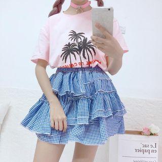 Palm Tree Print Short-sleeve T-shirt / Plaid Tiered Skirt