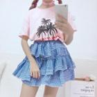 Palm Tree Print Short-sleeve T-shirt / Plaid Tiered Skirt