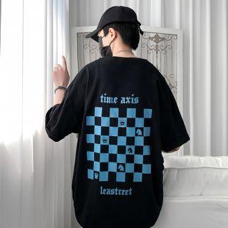 Short-sleeve Lettering Checkered T-shirt