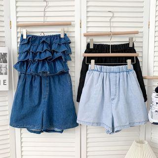 Set: Layered Denim Tube Top + Wide-leg Denim Shorts
